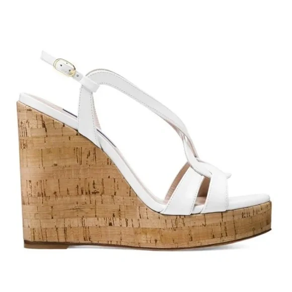Stuart Weitzman Interlocking White Leather Cork Wedge Espadrille Shoes New 9.5 - Picture 2 of 8
